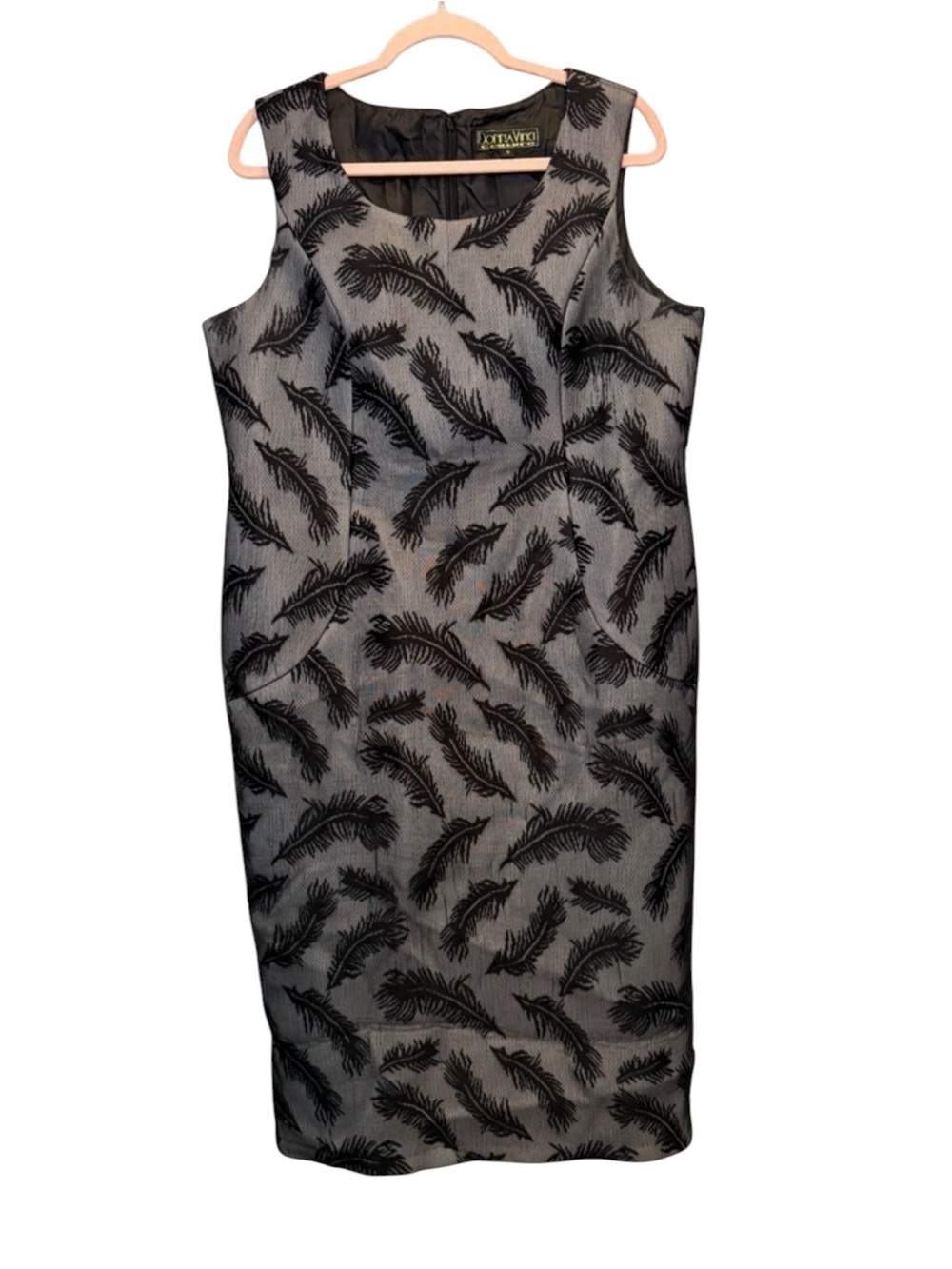 Donna Vinci Couture Silver and Black Feather Jacquard Sheath Midi Dress Size 16